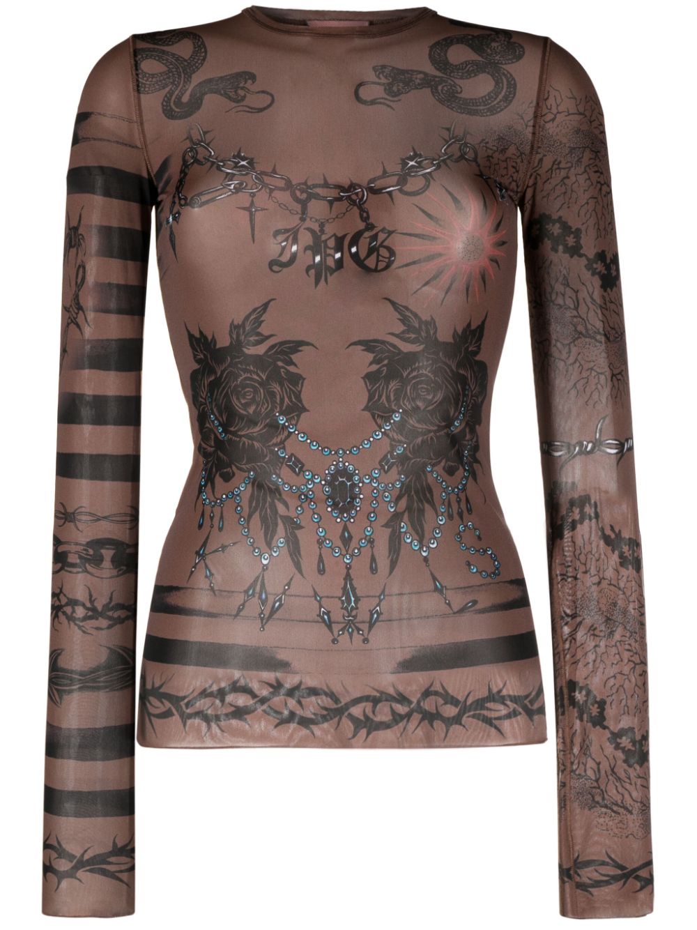 JEAN PAUL GAULTIER WOMEN Crew Neck Long Sleeves Printed Tattoo Top Ebene/Grey/Black
