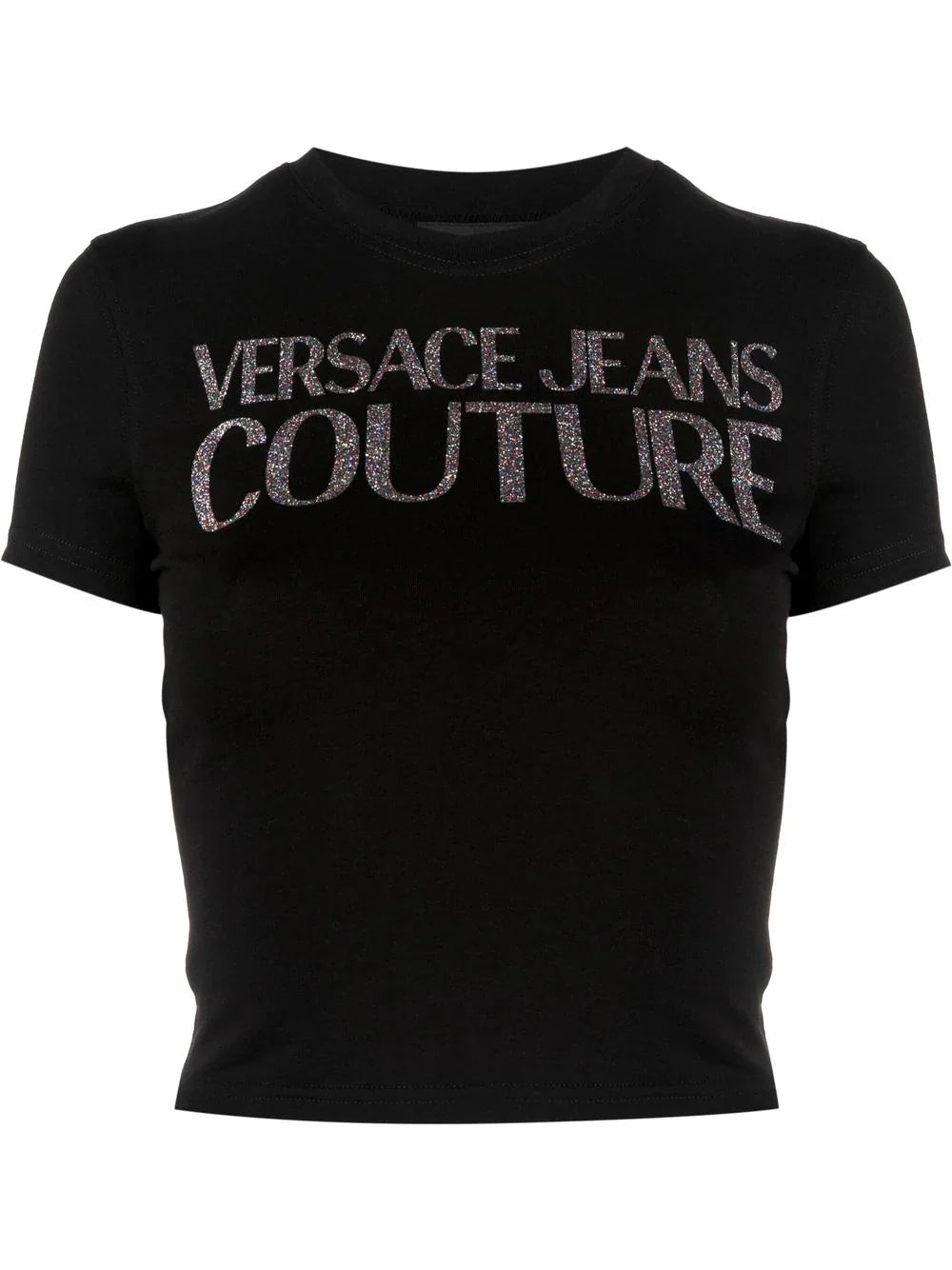 VERSACE WOMEN Logo Glitter Print Cropped T-Shirt Black