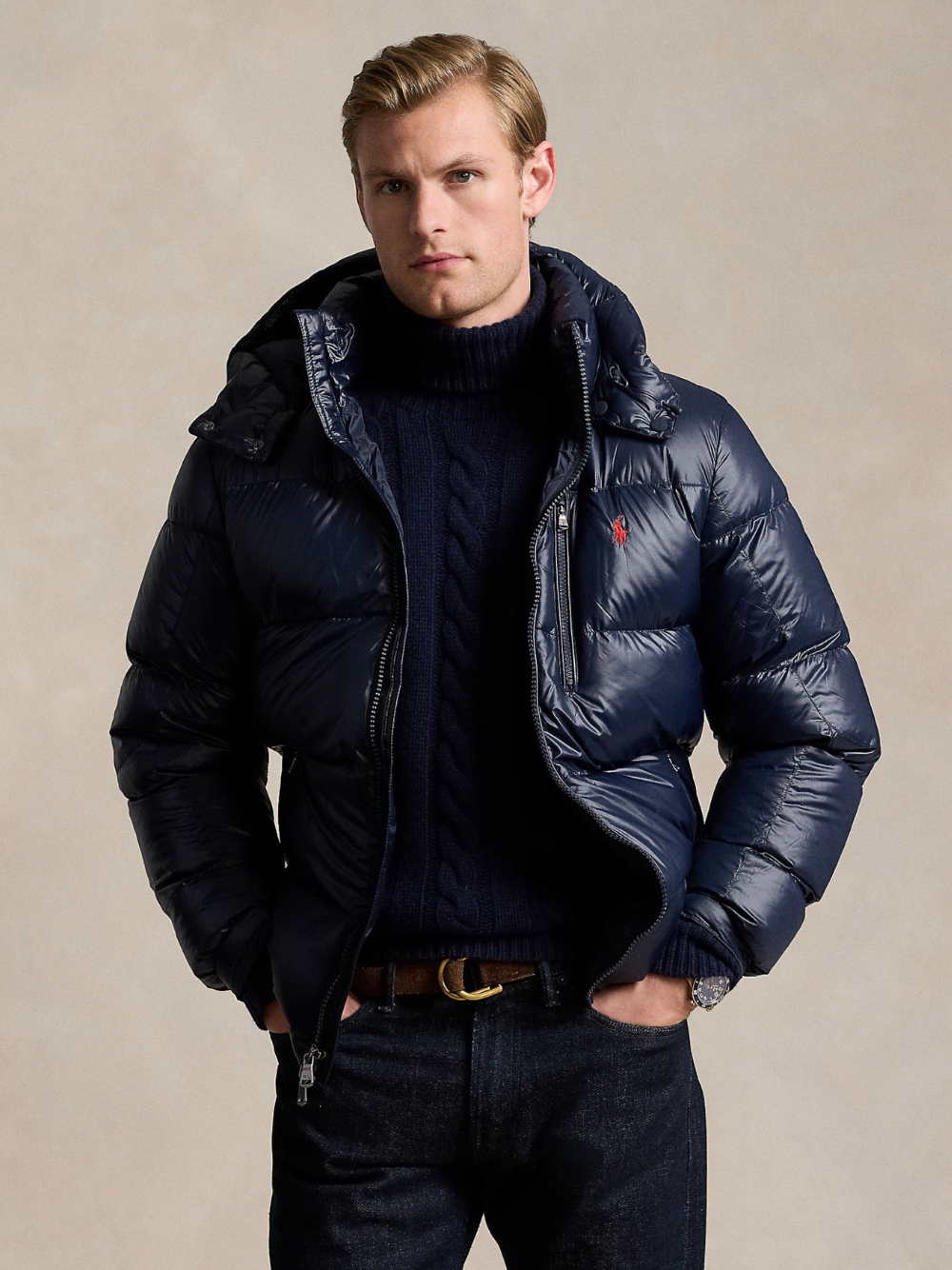 RALPH LAUREN Logo Patch Embroidered Puffer Jacket Navy