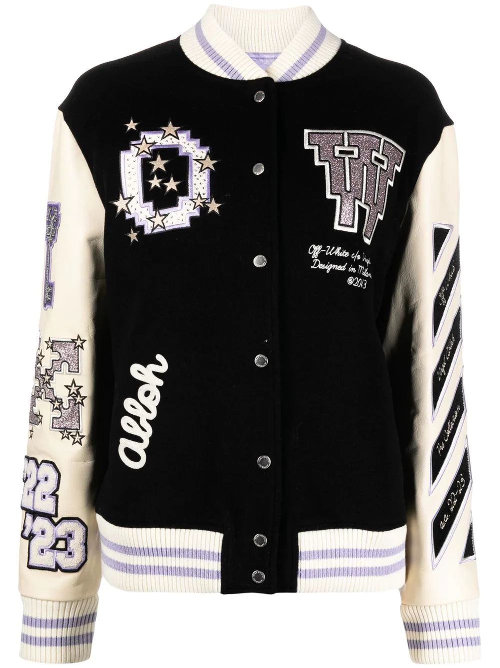 OFF-WHITE WOMEN Embroidered Patch Logo Varsity Jacket Black/Lilac