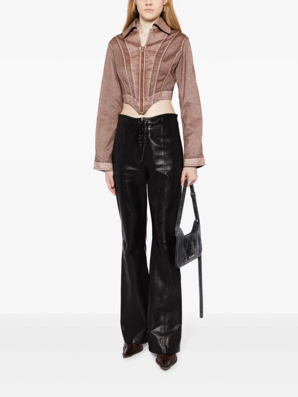 JEAN PAUL GAULTIER WOMEN Topstitched Laced Up Jacket Brown Ecru