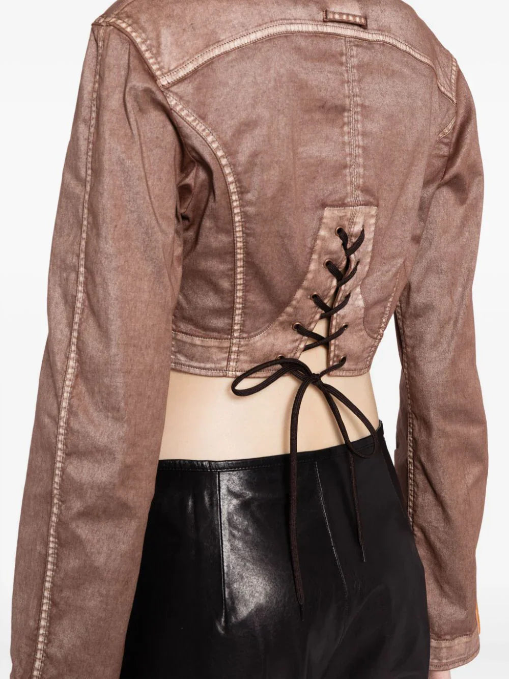 JEAN PAUL GAULTIER WOMEN Topstitched Laced Up Jacket Brown Ecru