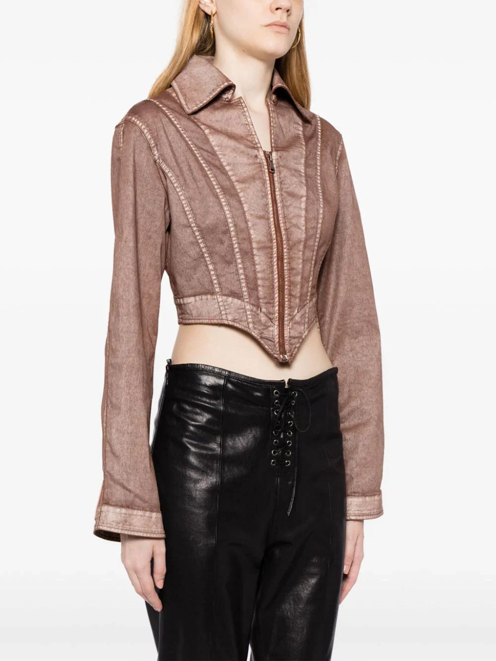 JEAN PAUL GAULTIER WOMEN Topstitched Laced Up Jacket Brown Ecru
