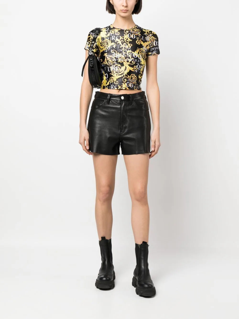 VERSACE WOMEN Baroque Print Cropped T-Shirt Black/Gold