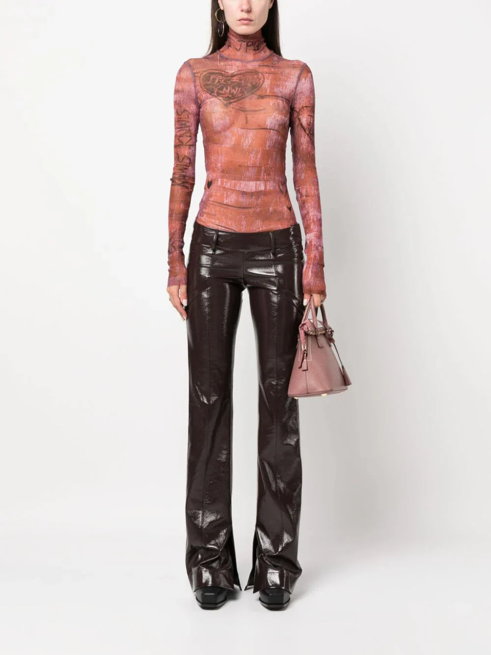 JEAN PAUL GAULTIER WOMEN High Neck Long Sleeves Printed Top Brown
