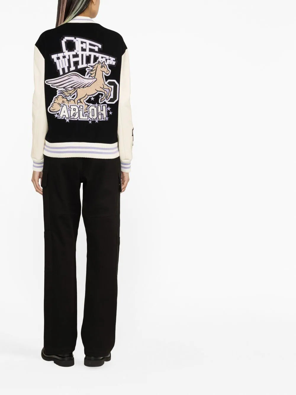 OFF-WHITE WOMEN Embroidered Patch Logo Varsity Jacket Black/Lilac