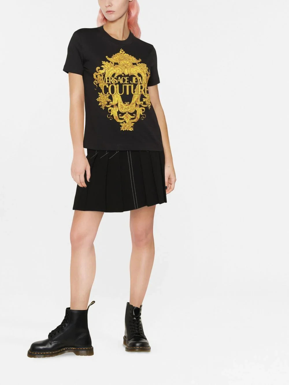 VERSACE WOMEN Baroque Crystal Logo T-Shirt Black