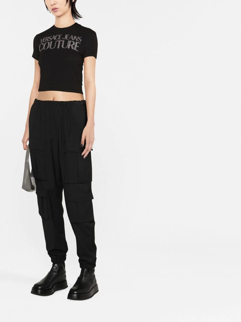 VERSACE WOMEN Logo Glitter Print Cropped T-Shirt Black