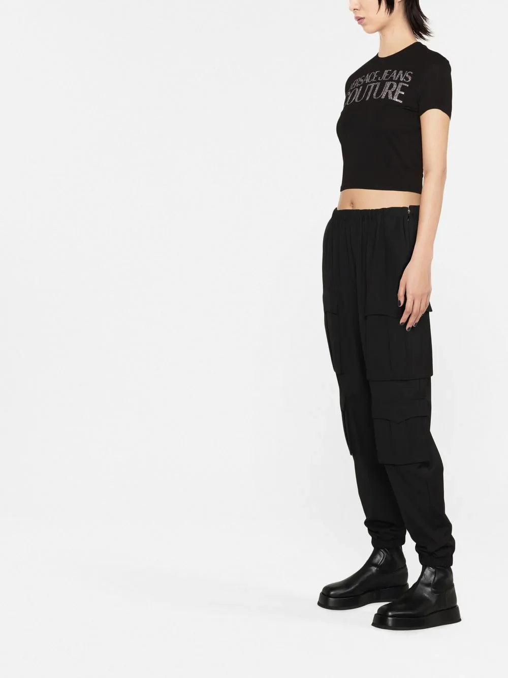 VERSACE WOMEN Logo Glitter Print Cropped T-Shirt Black