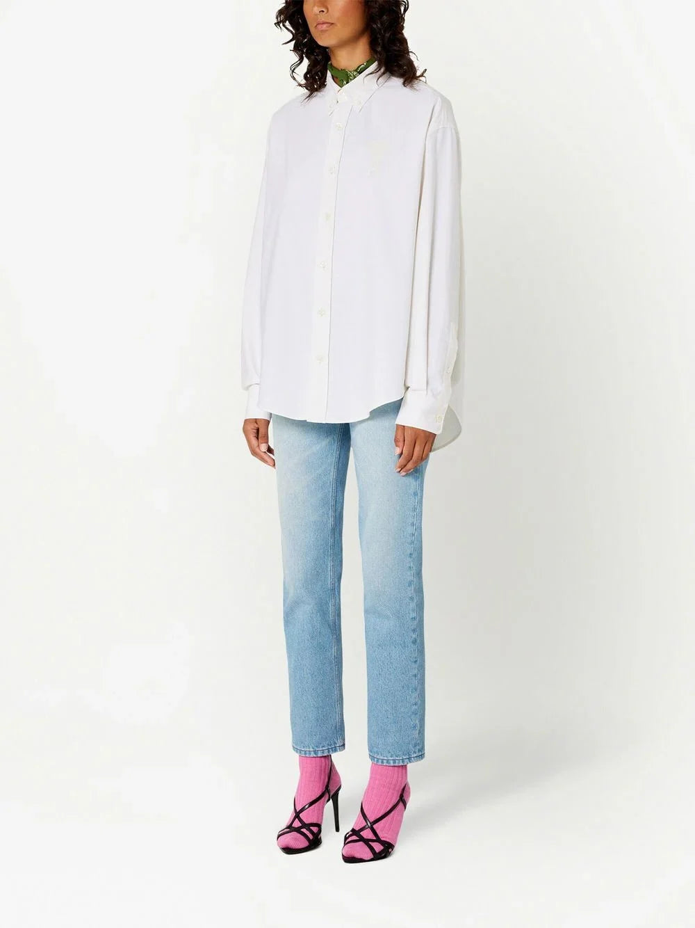AMI PARIS UNISEX Logo-embroidered Long-sleeved Shirt White