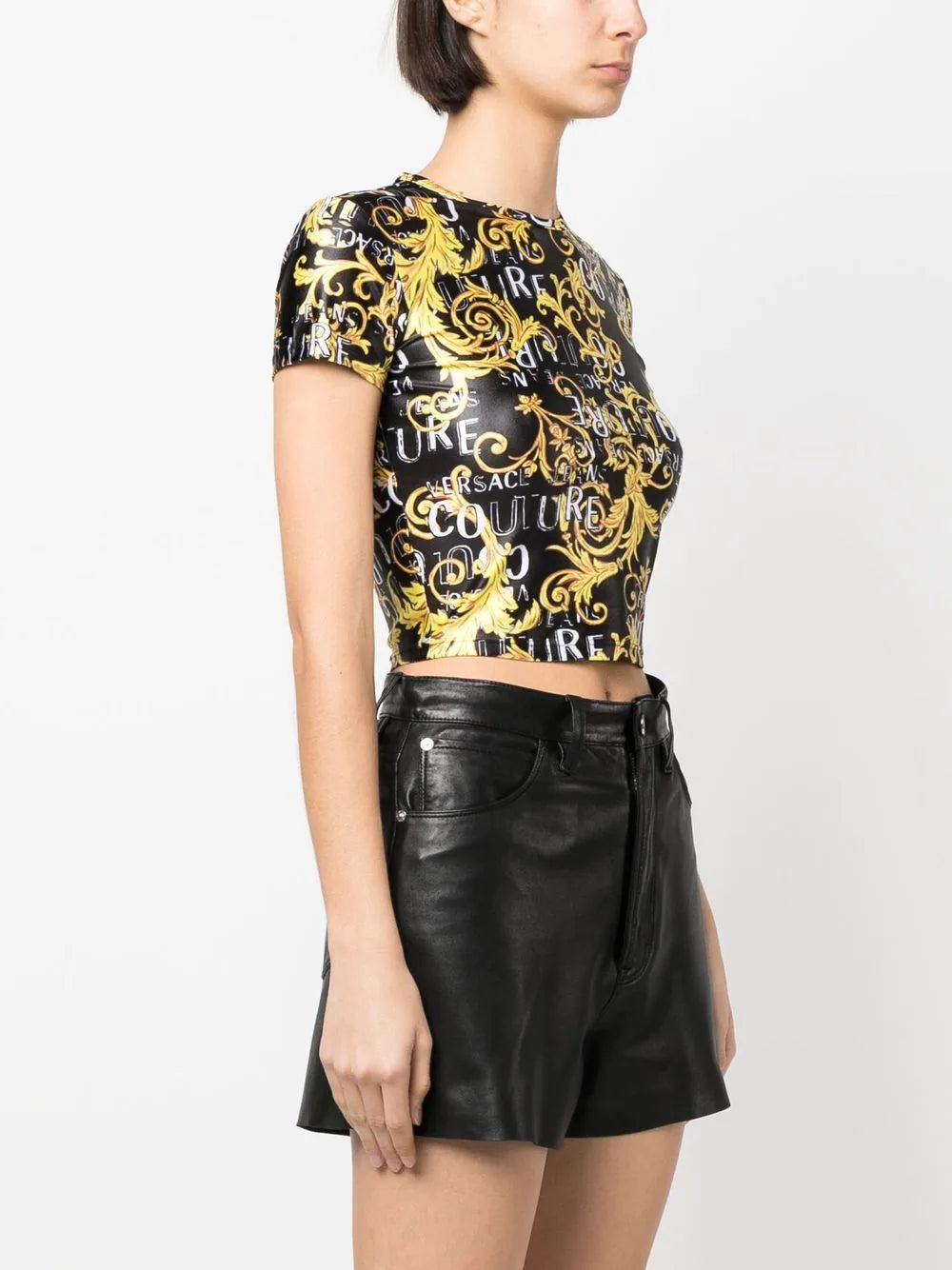 VERSACE WOMEN Baroque Print Cropped T-Shirt Black/Gold