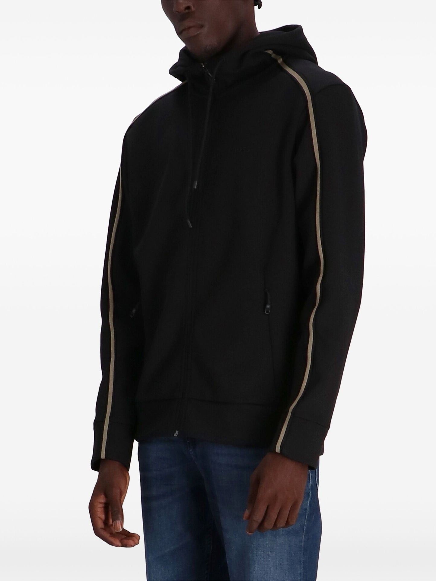 BOSS Logo Drawstring Tape Embellished Zip Hoodie Black