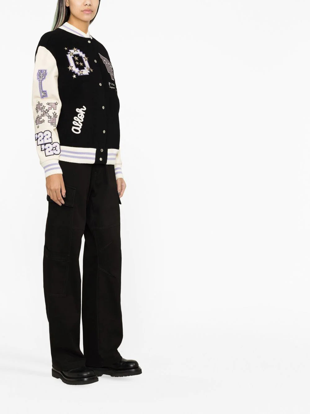 OFF-WHITE WOMEN Embroidered Patch Logo Varsity Jacket Black/Lilac