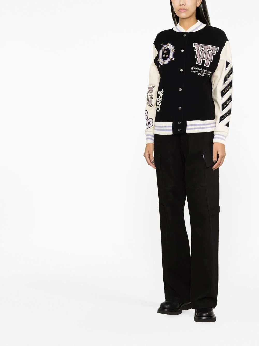 OFF-WHITE WOMEN Embroidered Patch Logo Varsity Jacket Black/Lilac