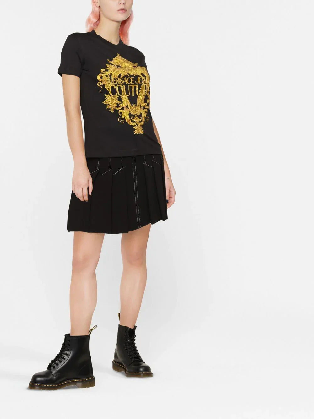 VERSACE WOMEN Baroque Crystal Logo T-Shirt Black