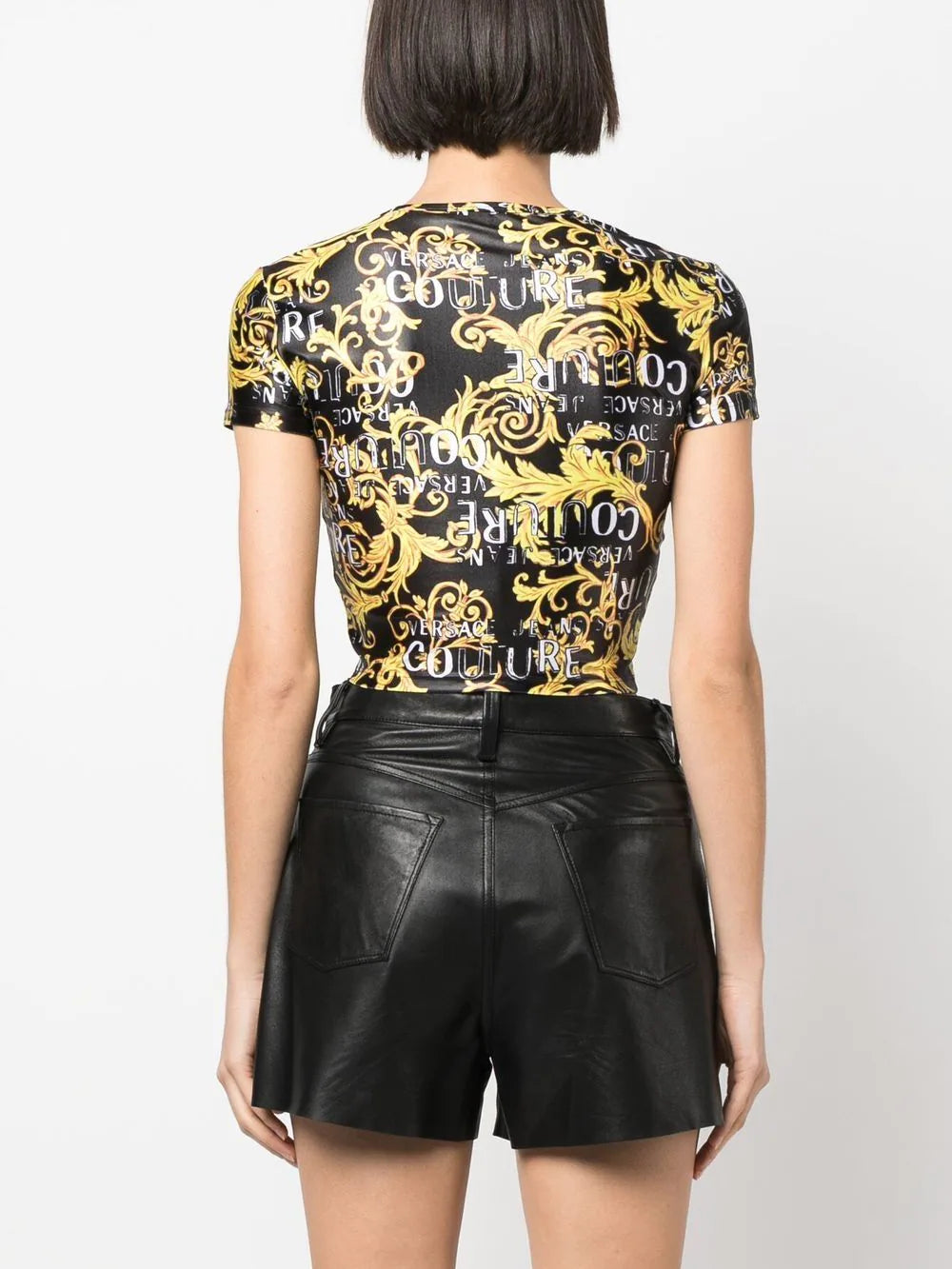 VERSACE WOMEN Baroque Print Cropped T-Shirt Black/Gold