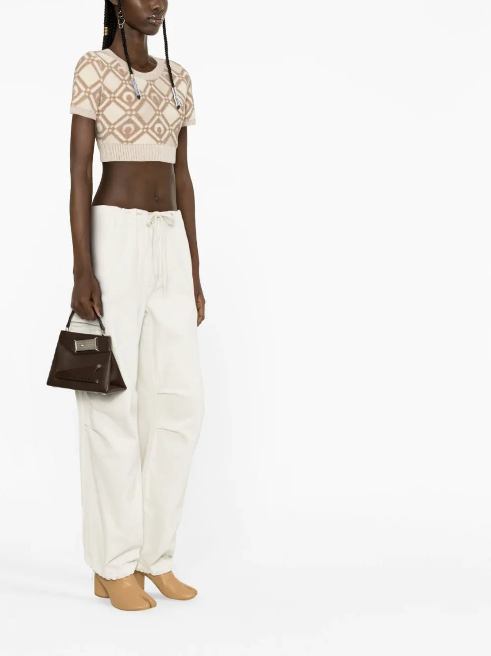 MARINE SERRE WOMEN Chunky Jacquard Knitted Crop Top Beige