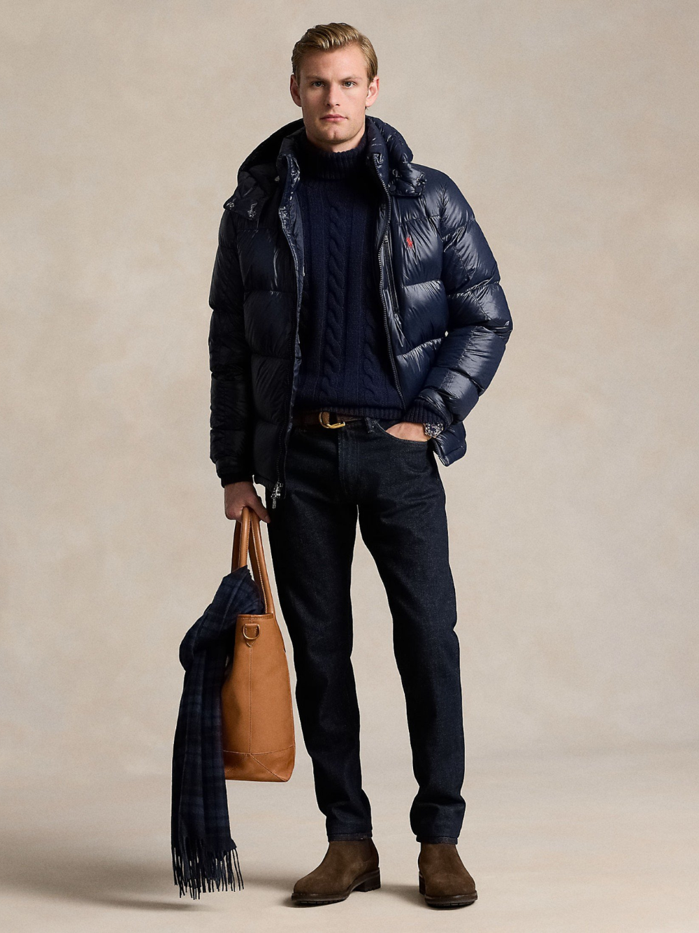 RALPH LAUREN Logo Patch Embroidered Puffer Jacket Navy