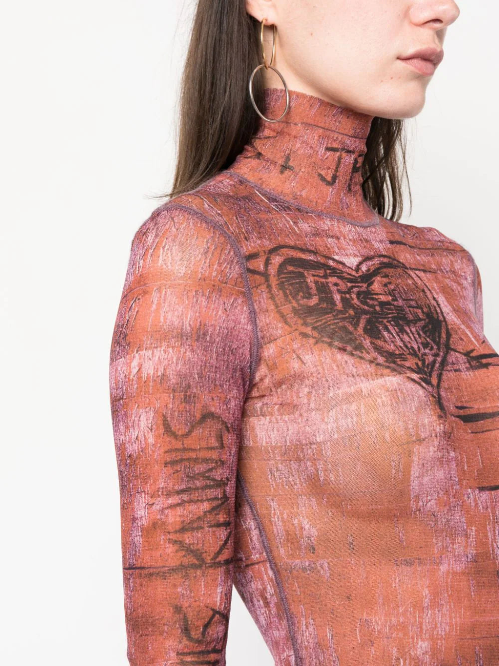 JEAN PAUL GAULTIER WOMEN High Neck Long Sleeves Printed Top Brown