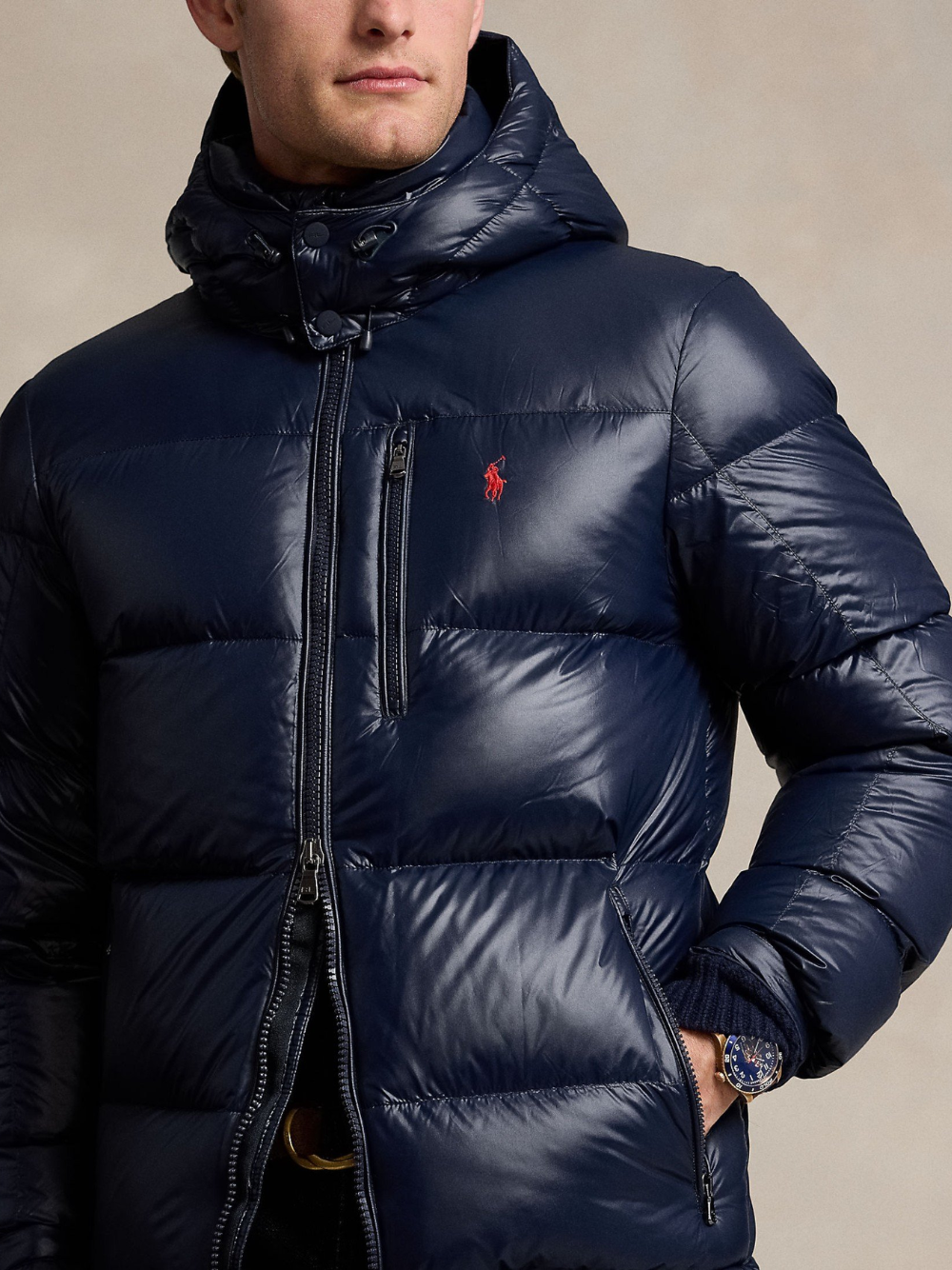 RALPH LAUREN Logo Patch Embroidered Puffer Jacket Navy