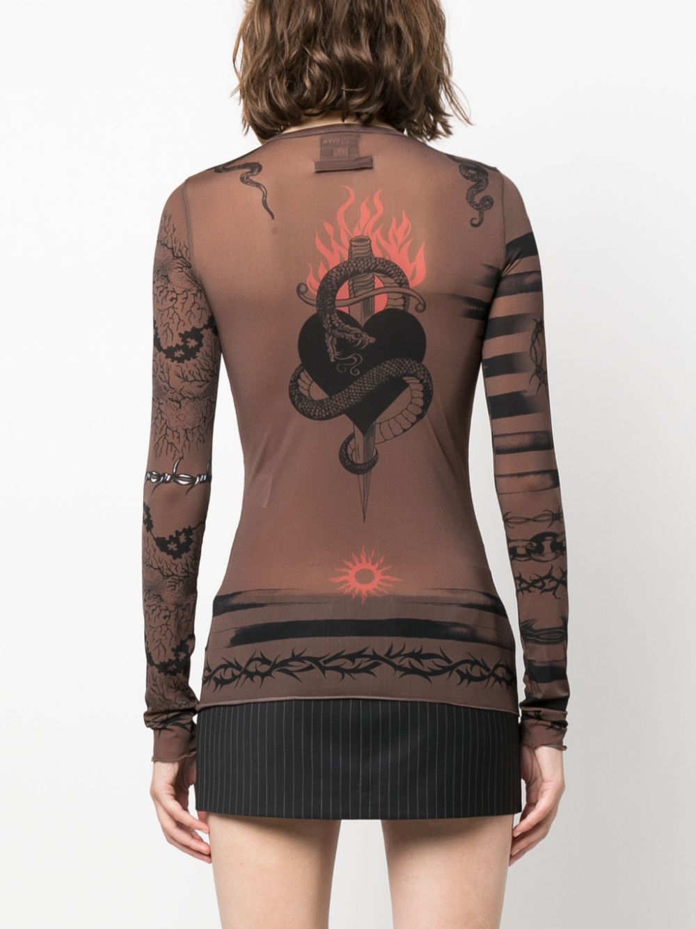 JEAN PAUL GAULTIER WOMEN Crew Neck Long Sleeves Printed Tattoo Top Ebene/Grey/Black