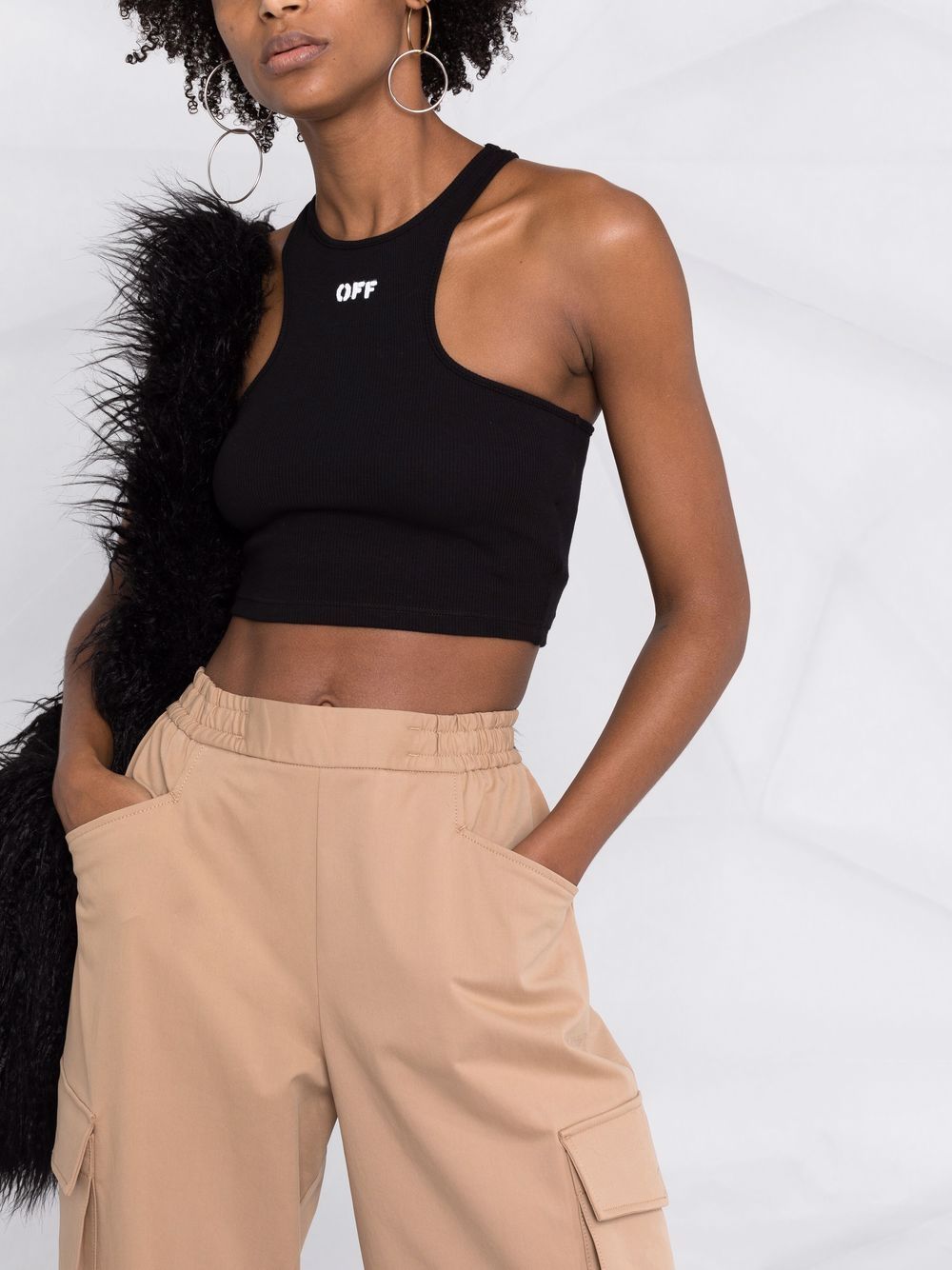 OFF-WHITE WOMEN Off-Stamp Ribbed Crop Top Black/White