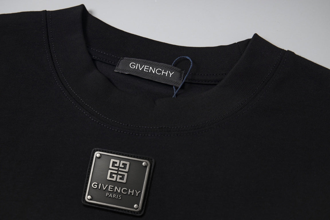 Givenchy Black Cotton T-Shirt with Metal Logo Plaque