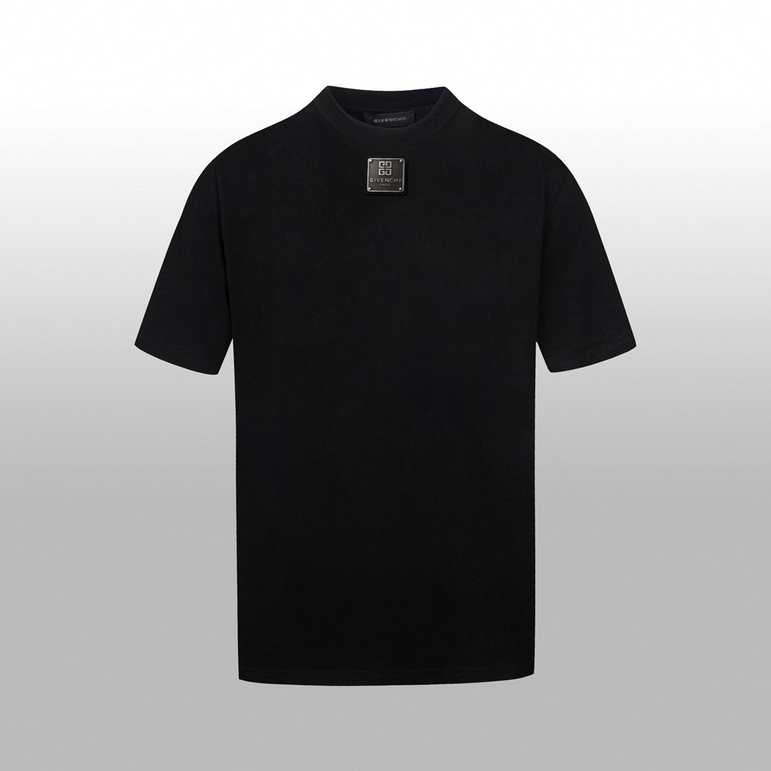 Givenchy Black Cotton T-Shirt with Metal Logo Plaque