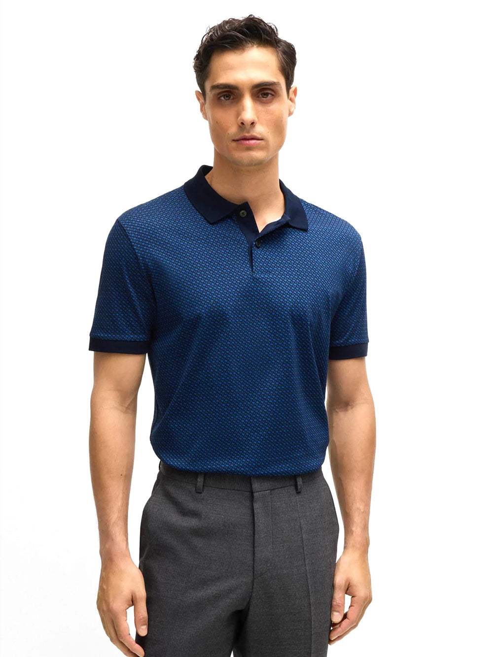 BOSS Monogram Print Cotton Polo Shirt Dark Blue / Black