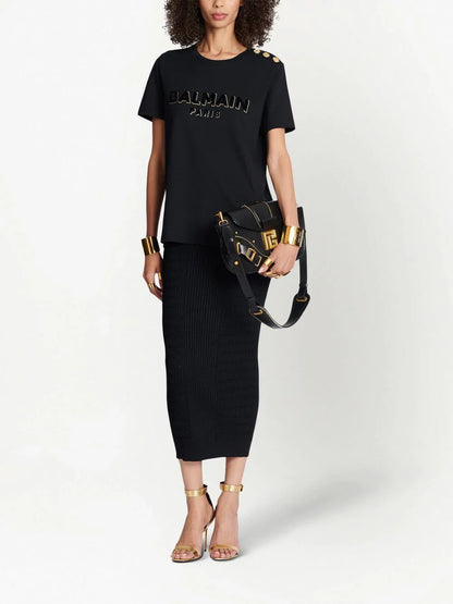 BALMAIN WOMEN Button-embellished Logo T-shirt Black/Gold