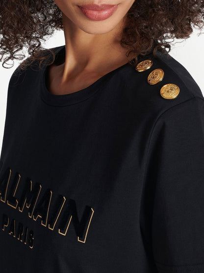 BALMAIN WOMEN Button-embellished Logo T-shirt Black/Gold