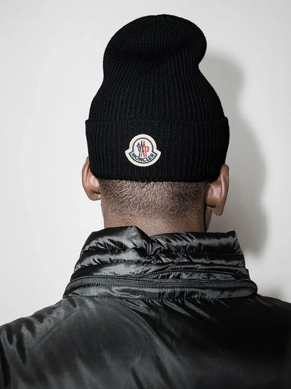 MONCLER Logo Patch Knitted Wool Beanie Black