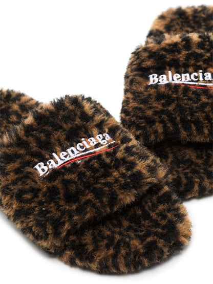 BALENCIAGA Leopard Furry Slides Brown