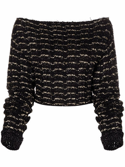 BALMAIN WOMEN Off-shoulder Cropped Striped Top Black