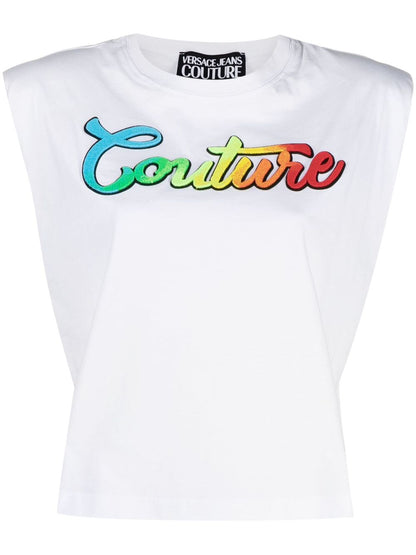 VERSACE WOMEN Couture Logo Patch Cotton T-Shirt White Multicolour