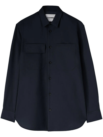JIL SANDER Long Sleeved Pointed Collar Wool Shirt Navy