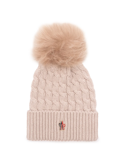 MONCLER GRENOBLE WOMEN Logo Embroidered Ribbed Pom Pom Beanie Light Pink