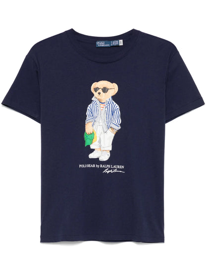 RALPH LAUREN WOMEN Stripe Bear Motif Short Sleeve T-Shirt Navy