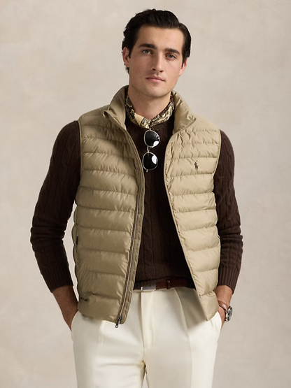 RALPH LAUREN Logo Patch Embroidered Terra Padded Zipped Gilet Beige