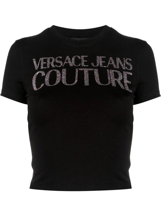 VERSACE WOMEN Logo Glitter Print Cropped T-Shirt Black