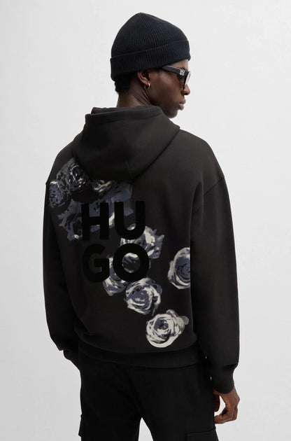 HUGO Floral Logo Graphic Print Cotton Hoodie Black