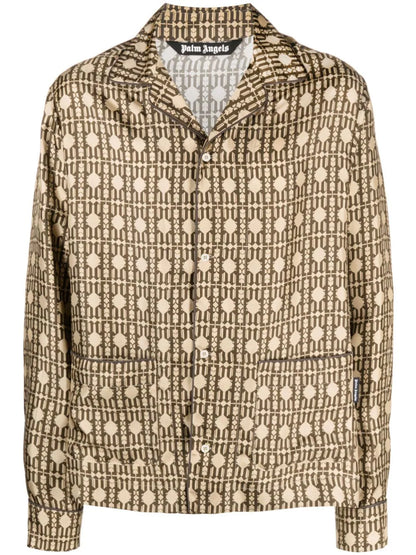 PALM ANGELS Allover Monogram Pajama Shirt Long Sleeves Beige