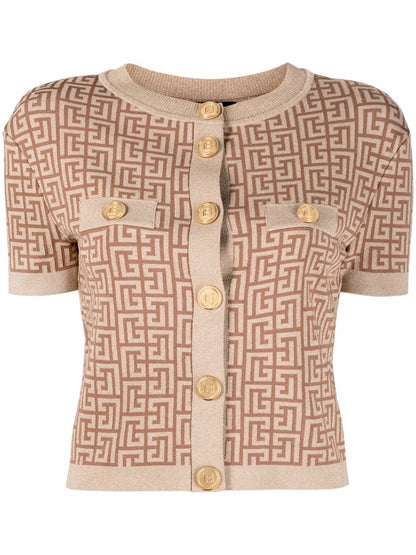 BALMAIN WOMEN Metallic Effect Monogram Cropped Top Brown