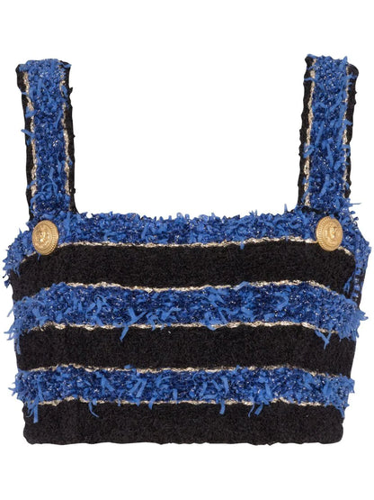 BALMAIN WOMEN Button Detail Tweed Top Blue Black Gold