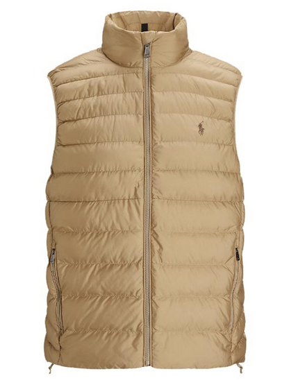 RALPH LAUREN Logo Patch Embroidered Terra Padded Zipped Gilet Beige