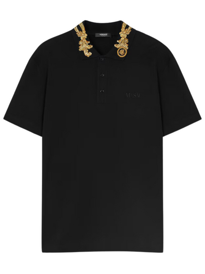 VERSACE Embroidered Barocco Leaf Polo Shirt Black