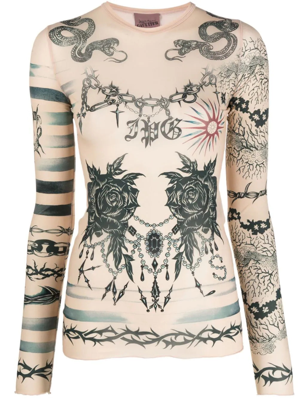 JEAN PAUL GAULTIER WOMEN Crew Neck Long Sleeves Printed Tattoo Top Nude/Grey/Black