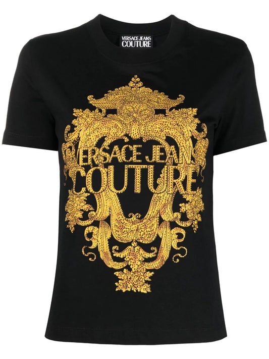 VERSACE WOMEN Baroque Crystal Logo T-Shirt Black