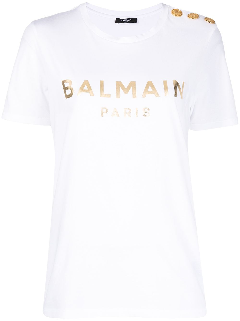BALMAIN WOMEN Metallic-logo button-embellished T-shirt White