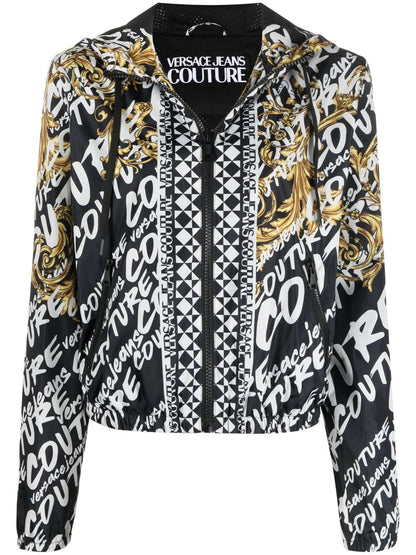 VERSACE WOMEN Baroque Print All Over Logo Zip Up Jacket Black